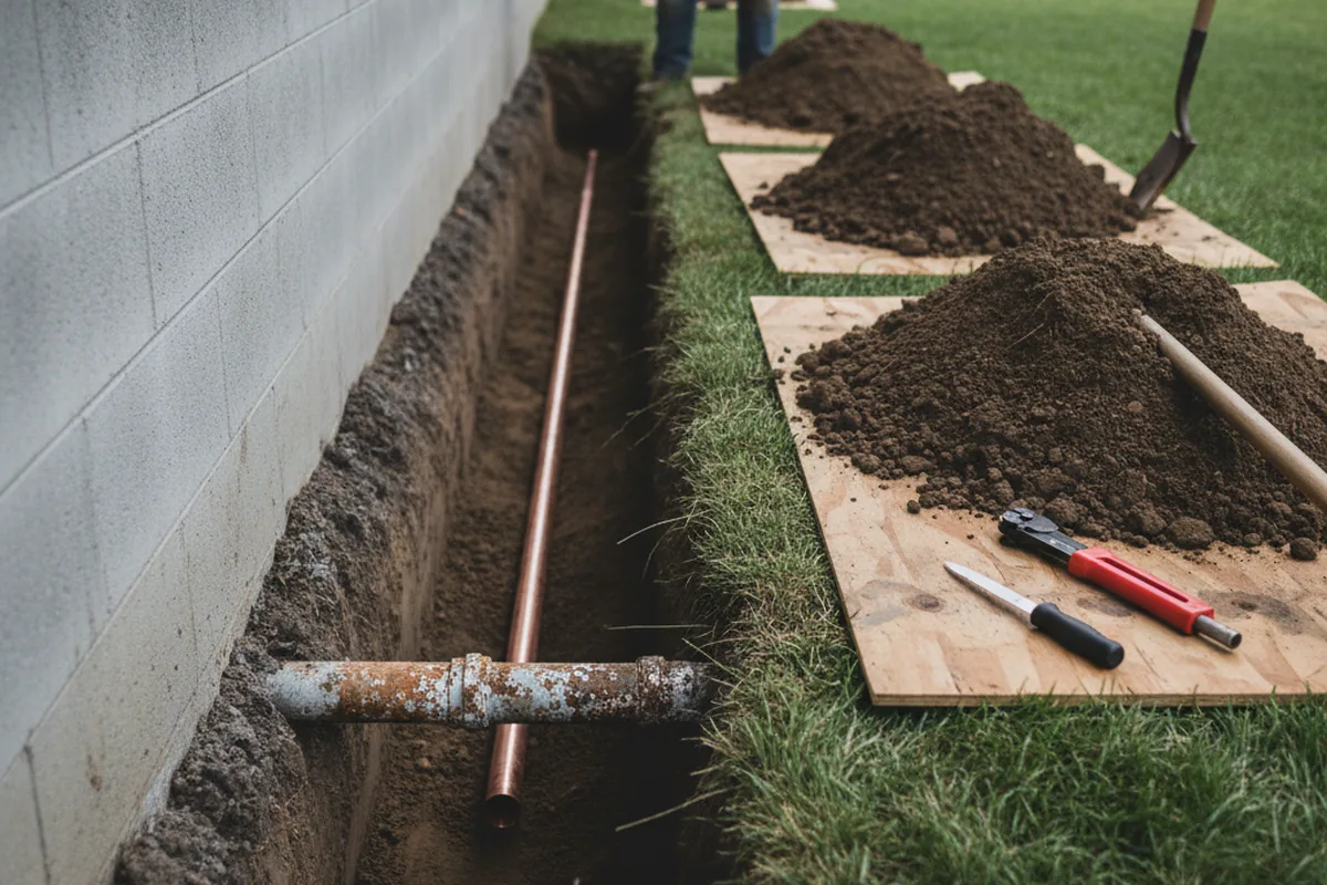 Excavated water line trench during Water Heater Repair in Calion